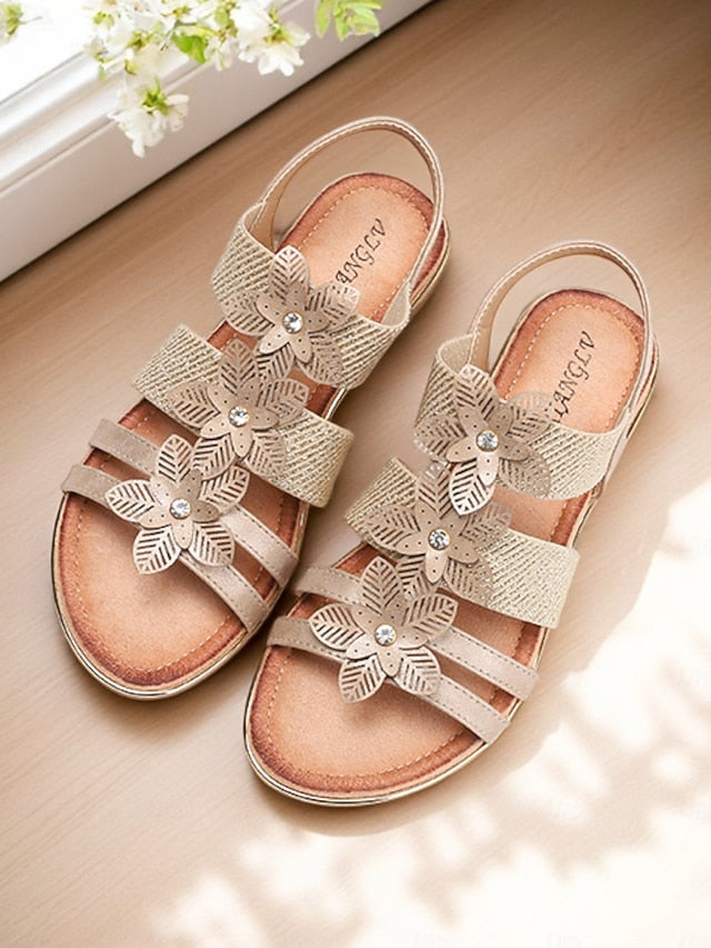 Elegant Rhinestone Flat Floral – Sandals Women's Beige