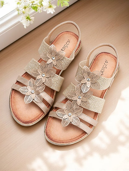 Elegant Rhinestone Flat Floral – Sandals Women's Beige