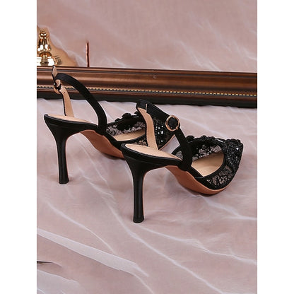 Slingback Pointed-Toe Heel White Kitten with Pearl-Embellished