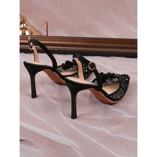 Kitten with White Pearl-Embellished Pointed-Toe Slingback Heel