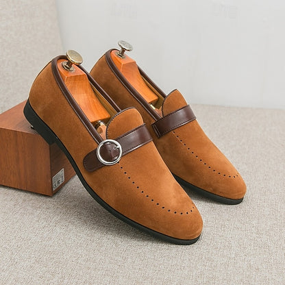 Slip-On Strap Brown Faux Loafers with Suede Buckle Men's