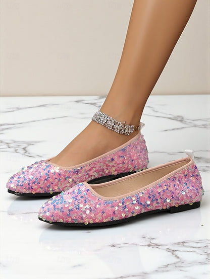 Pointed Sparkly Women's Toe Ballet Flats - Sequin Black