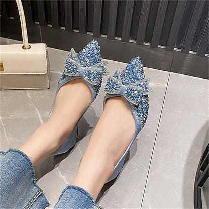 Rhinestone Elegant Women's Bow with - Glitter Detail Flats