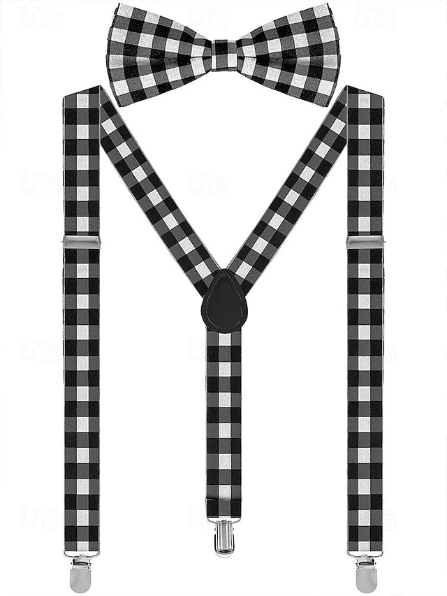 Christmas Men's Bow Plaid Tie Adjustable Set and Suspender