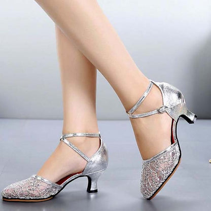 – Low Shoes Heel Mesh Dance Lace Silver Women's Latin