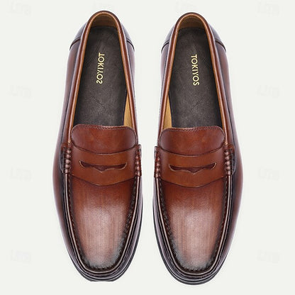 Men's Shoes Loafers Leather with Slip-On Penny Brown