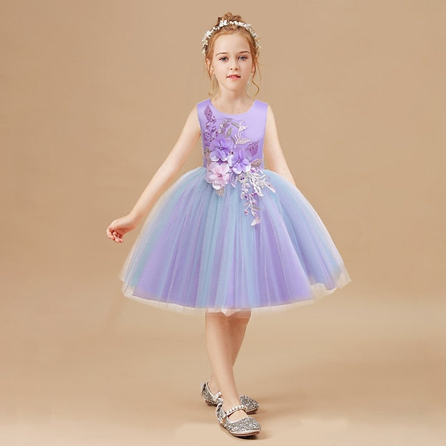 Purple Floral Blue Party Lace Girls' Dress Blushing Kids