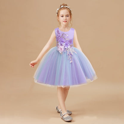 Purple Floral Blue Party Lace Girls' Dress Blushing Kids