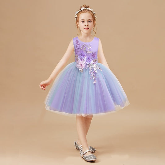 Purple Floral Blue Party Lace Girls' Dress Blushing Kids