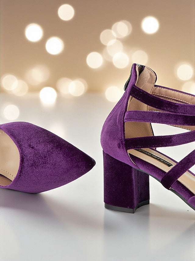 Pointed Heel Velvet Blue Women's Pumps with Block Toe