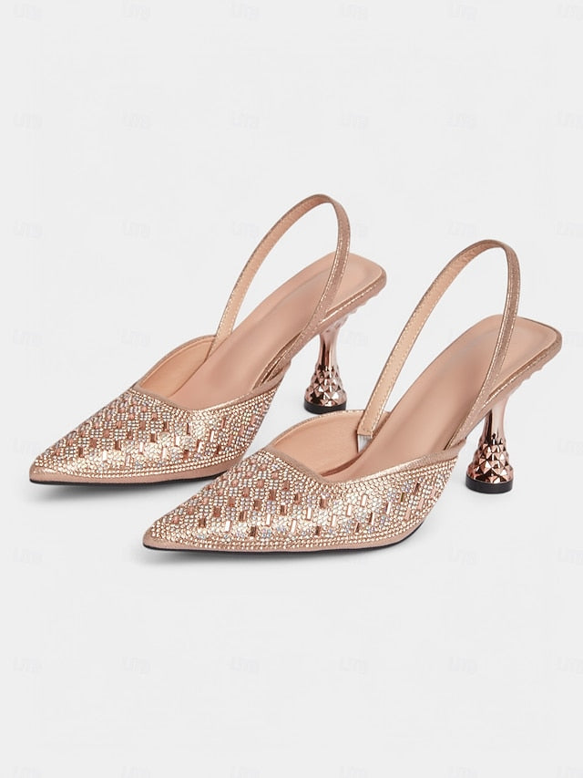 Women's Geometric Heels with Rose Rhinestone Slingback Gold