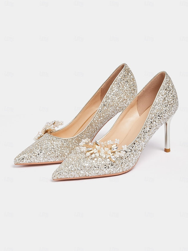 Glitter with Stiletto Silver Floral Heels Women's