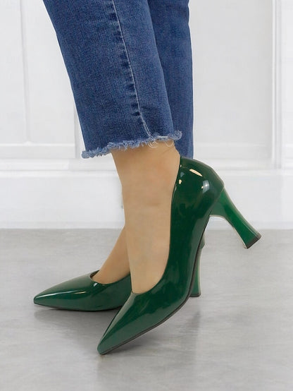 Leather Block Heel Glossy Pointed-Toe Pumps Green Patent Faux