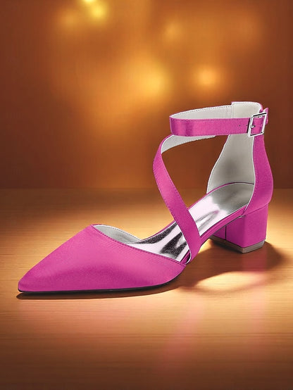 - Champagne Satin Pointed Toe Block Women's Heels