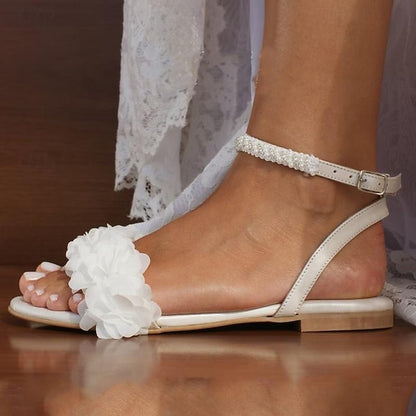 Women's Daily Lace Sandals Wedding Flat Shoes White Heel