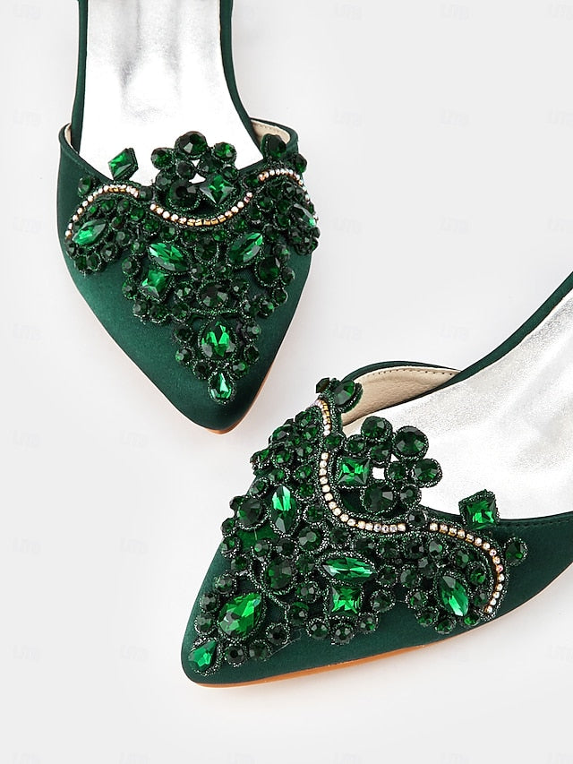 Embellished Green Vintage Gemstone Flats – Pointed-Toe Style
