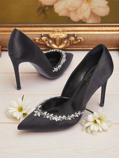 Pointed Crystal with Women's Satin Heels Embellishment Toe