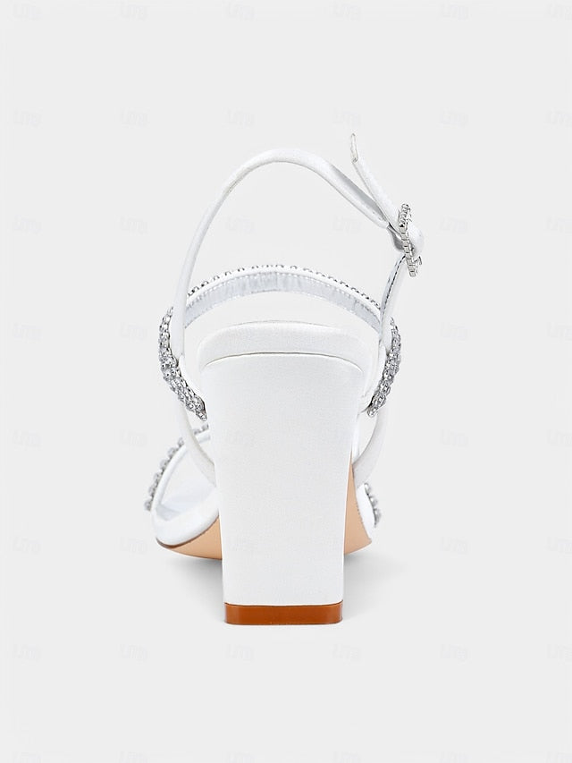 Bridal White Heel – Rhinestone Prom Block Sandals Women's