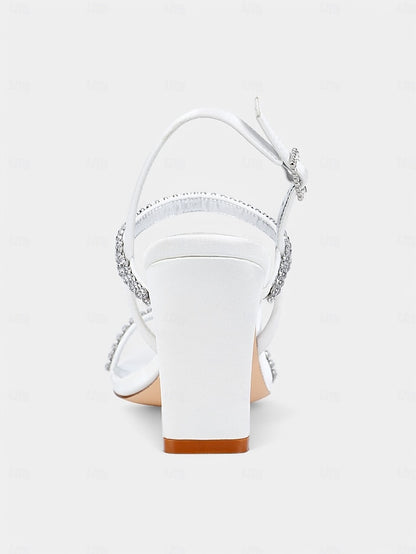 Bridal White Heel – Rhinestone Prom Block Sandals Women's