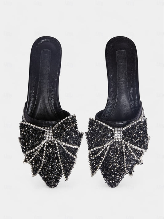 Rhinestone-Bow for Parties Mules Black – Flat Perfect and