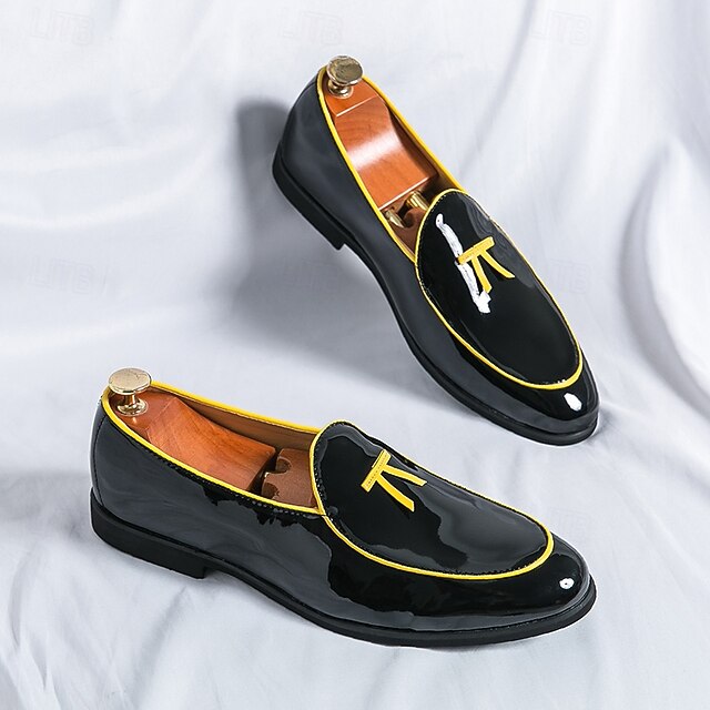 Men's Trim Yellow Faux Black Loafers Patent with Leather