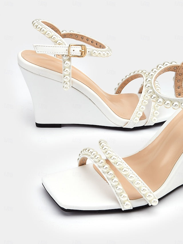 Women's Heels Elegant Wedge Open-Toe Pearl-Embellished –
