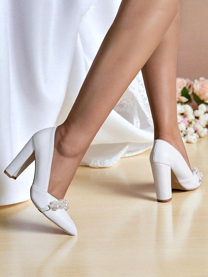 Decor Heel Pumps White Women's Pearl Block