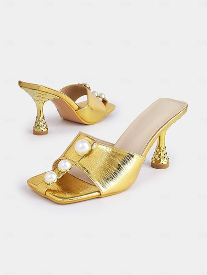 – Gold Elegant Pearl with for Mules Open-Toe Detailing Women