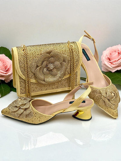 Slingback Women's Gold Matching Pumps with Rhinestone