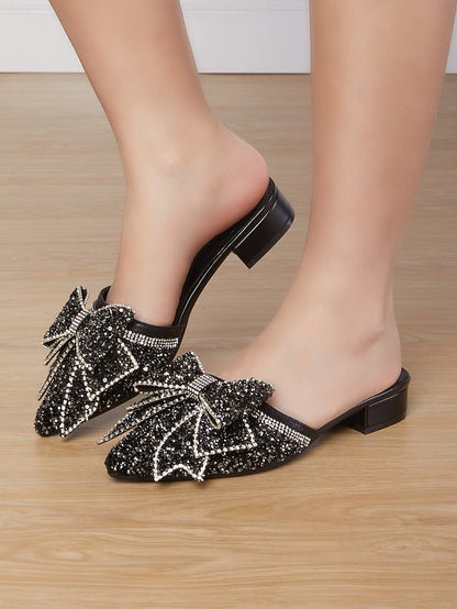 Rhinestone-Bow for Parties Mules Black – Flat Perfect and