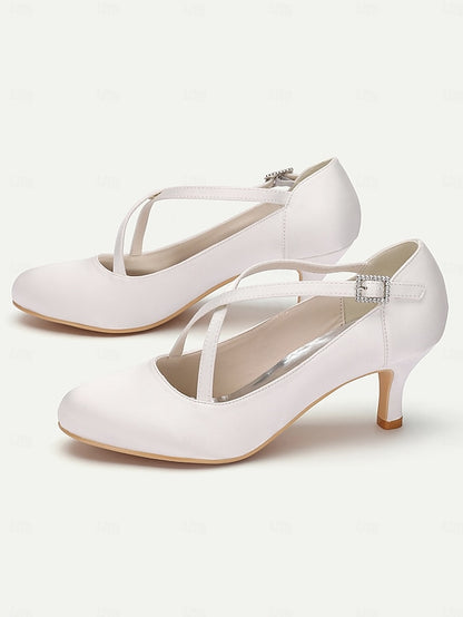 – Satin Cross-Strap Elegant with Heels White Rhinestone Buckle