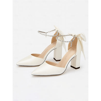 Pumps Toe - Elegant Pointed Satin Heel Women's Block Ankle