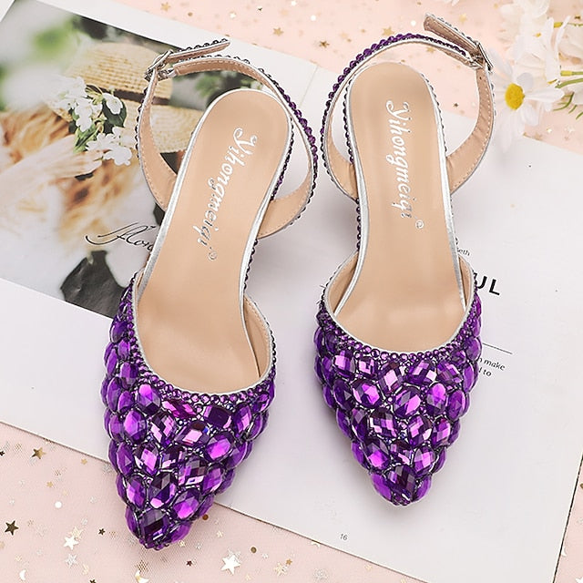 Heels Women's Crystal Slingback High Rhinestone Pointed-Toe
