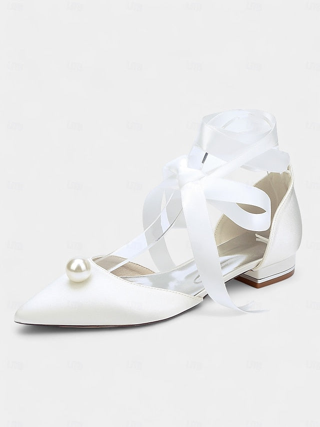 Embellished Satin Pointed Women's Navy - Pearl Flats Toe