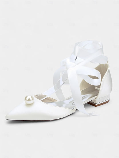 Embellished Satin Pointed Women's Navy - Pearl Flats Toe