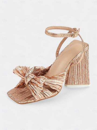 Detail and Rose Block with Heel Gold Knot Textured Sandals