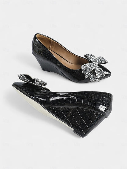 Patent Black Women's with Wedge Bow Leather Glitter Heels