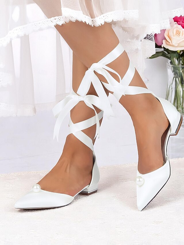 Embellished Satin Pointed Women's Navy - Pearl Flats Toe