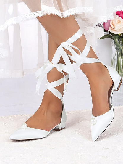 Embellished Satin Pointed Women's Navy - Pearl Flats Toe