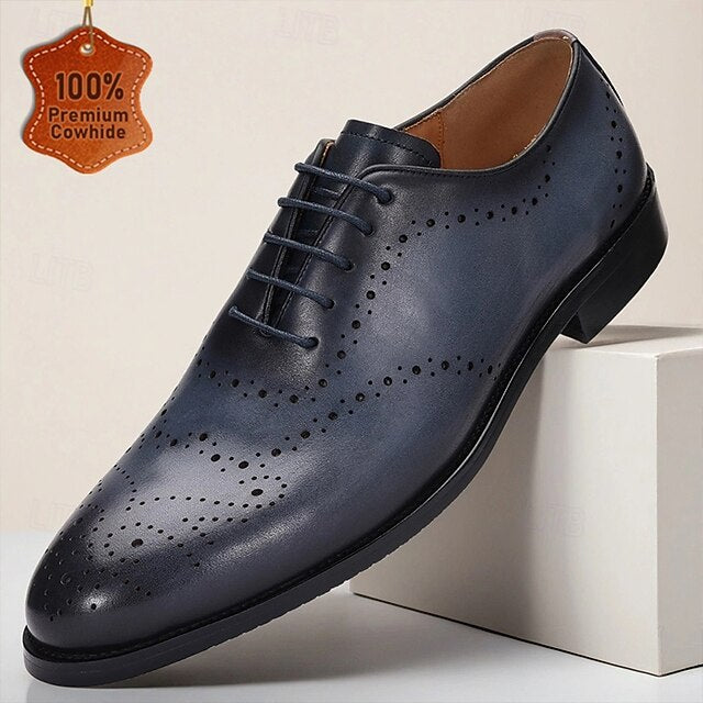 Blue Cowhide Shoes Men's Classic Oxford Genuine Navy