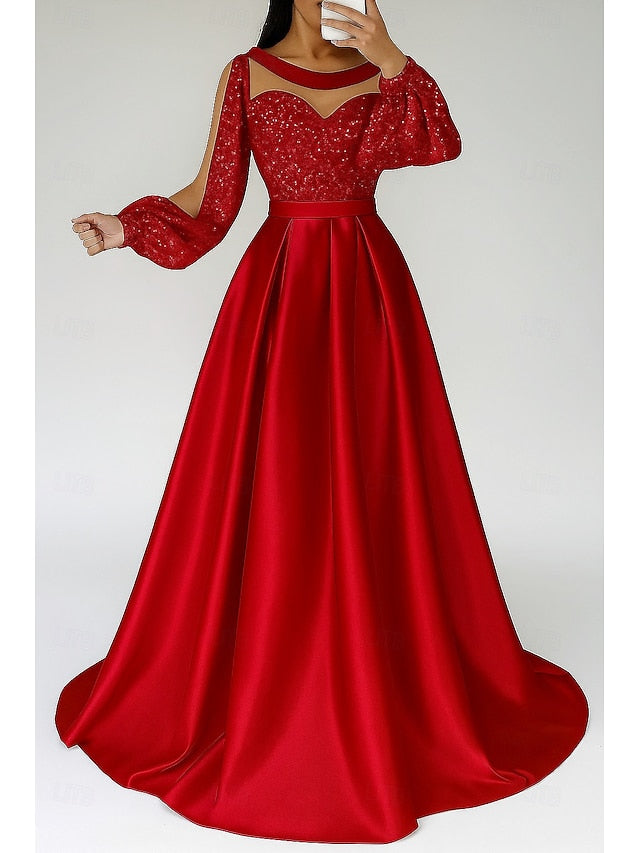 Formal Red Dress A-Line Black Elegant Evening Gown Sequined