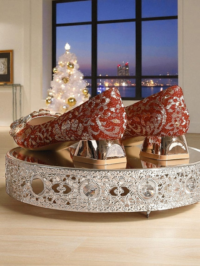 Women's Red Flats Pointed-Toe Rhinestone Embellished