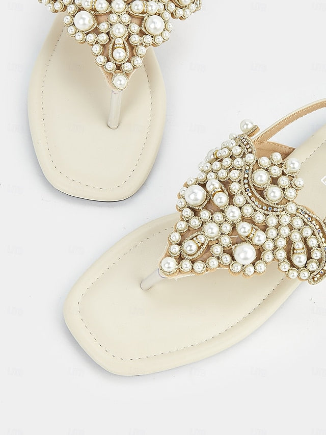 Sandals Pearl-Embellished Flat – T-Strap Women's Elegant