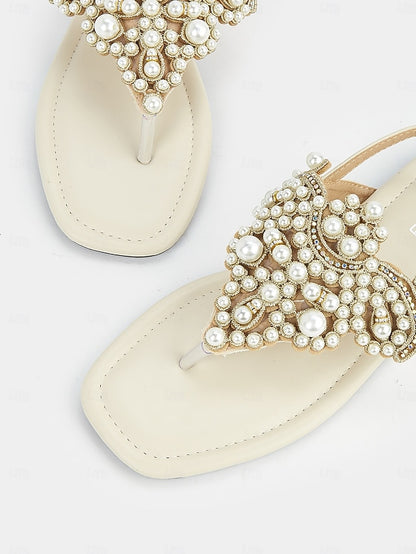 Sandals Pearl-Embellished Flat – T-Strap Women's Elegant