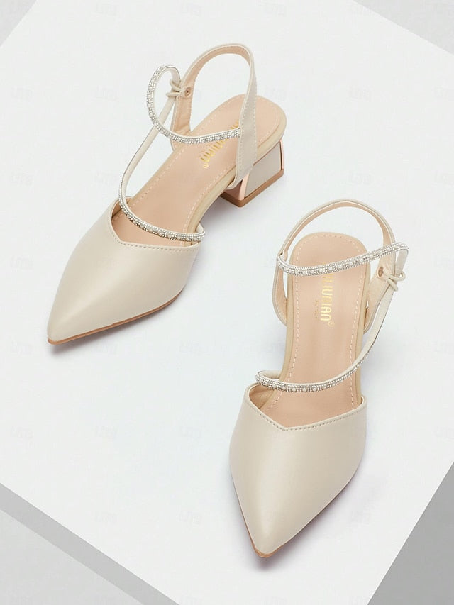 Toe Elegant Pointed with Women's Heels Slingback Rhinestone