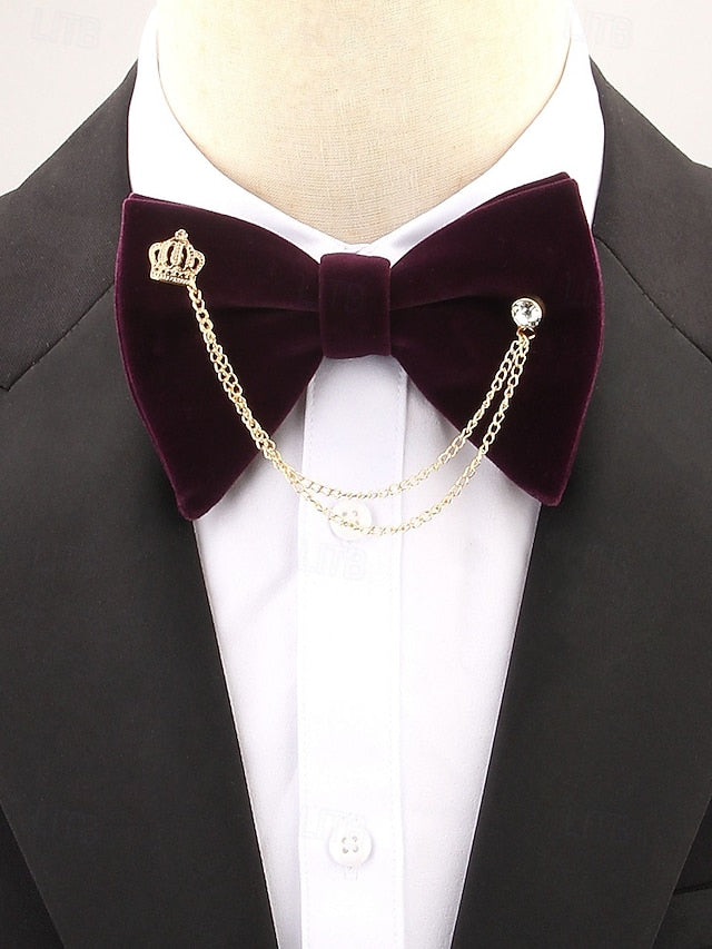 Detail Bow Men's Velvet with – and Crown Chain Tie