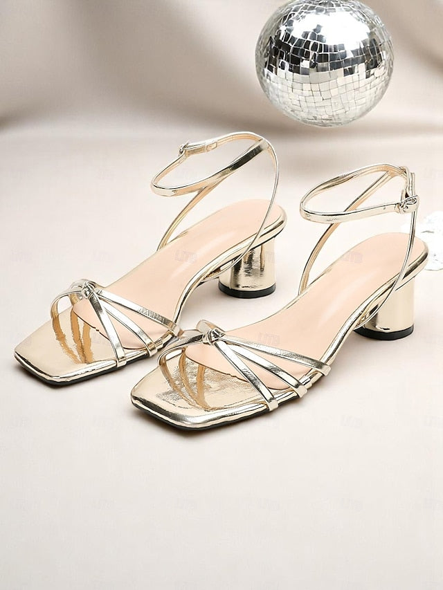 Strap Block Ankle – Metallic Heels Gold Shiny Women's