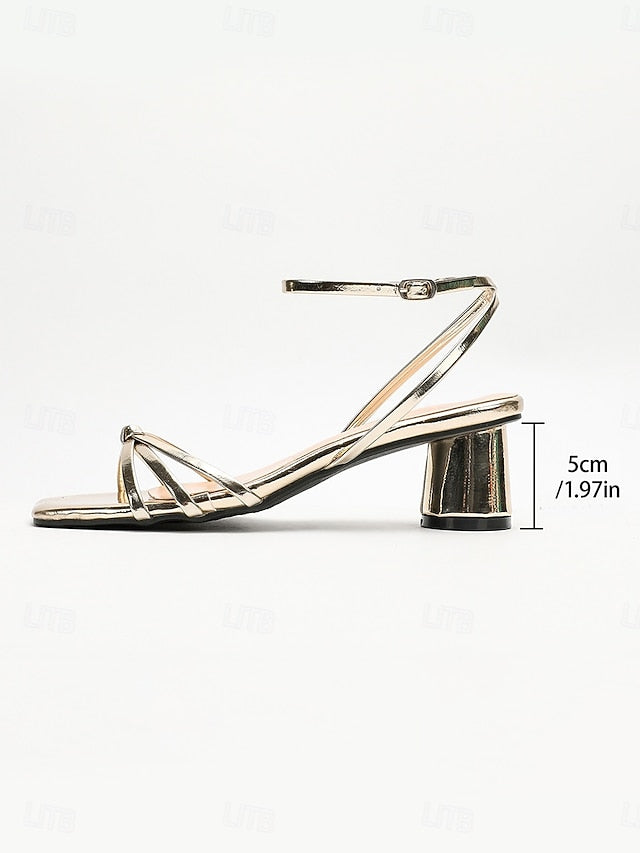 Strap Block Ankle – Metallic Heels Gold Shiny Women's