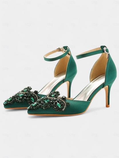 Ankle Satin Pointed – Heels Women's Emerald Green Strap