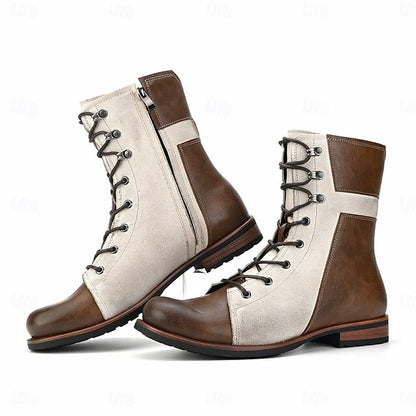 Vintage Lace-Up Leather Boots Faux Two-Tone Men's Mid-Calf